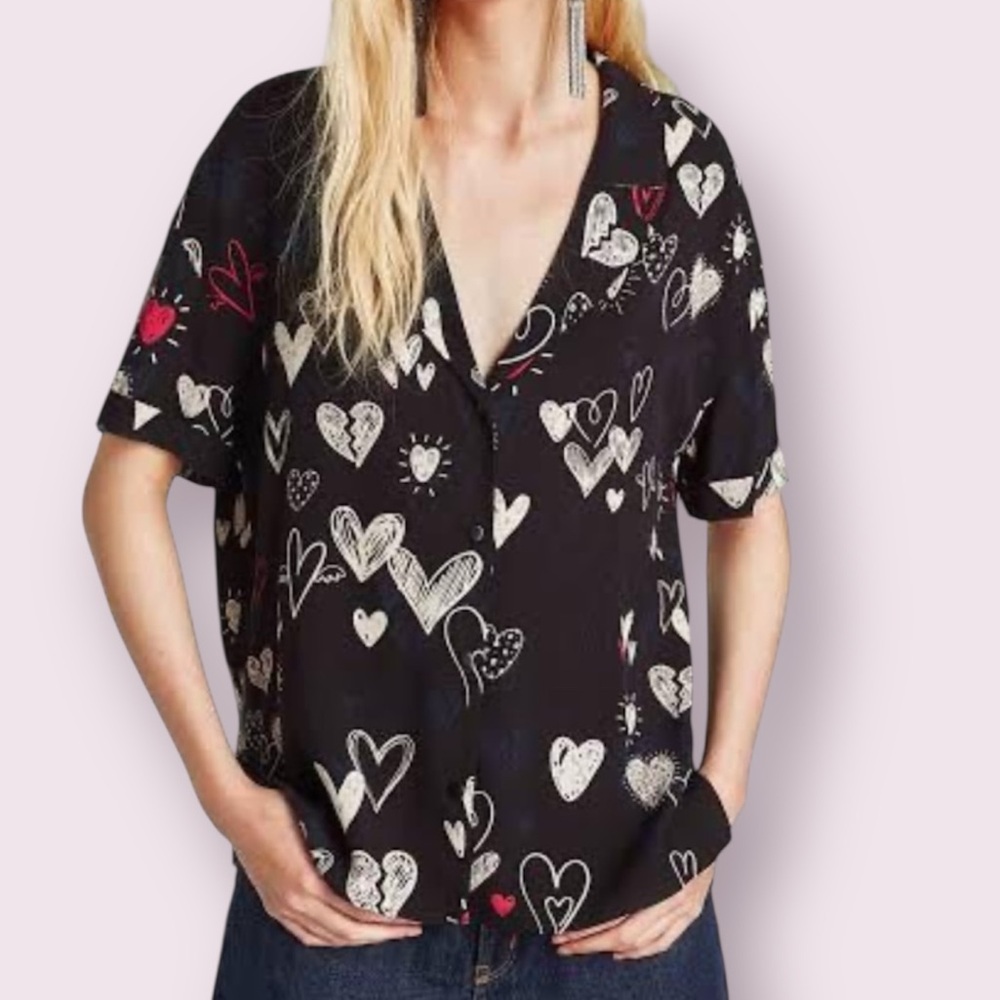 Zara Heart Print Trafaluc Collection Button Up Short Sleeve Top Black Size Small
